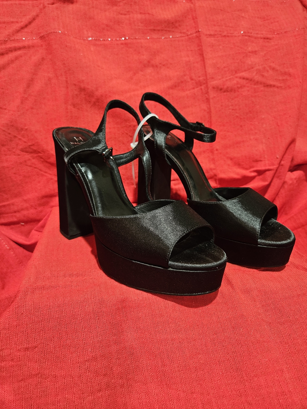H by Halston Black Satin Platform Block Heel Sandals
